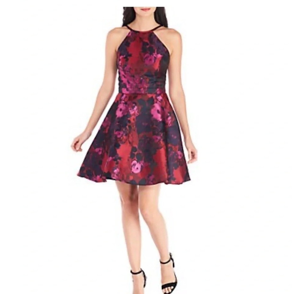 Xscape Womens Red Pink Floral Brocade Halter Fit Flare Cocktail Dress 4 1016x